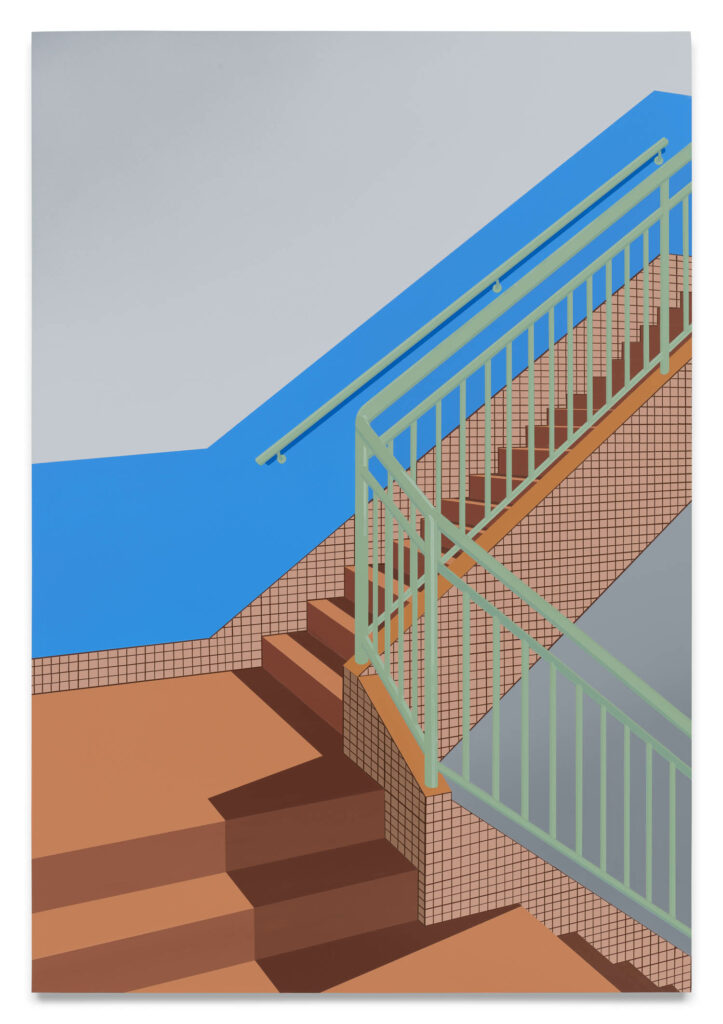 staircase with tan steps and light green railing