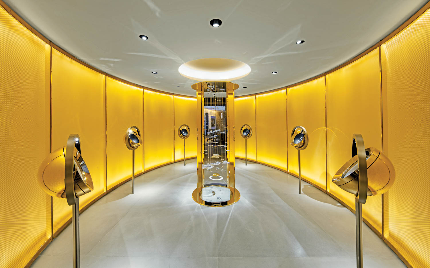 gold-painted steel mesh curved walls in the Heritage Room at AP House