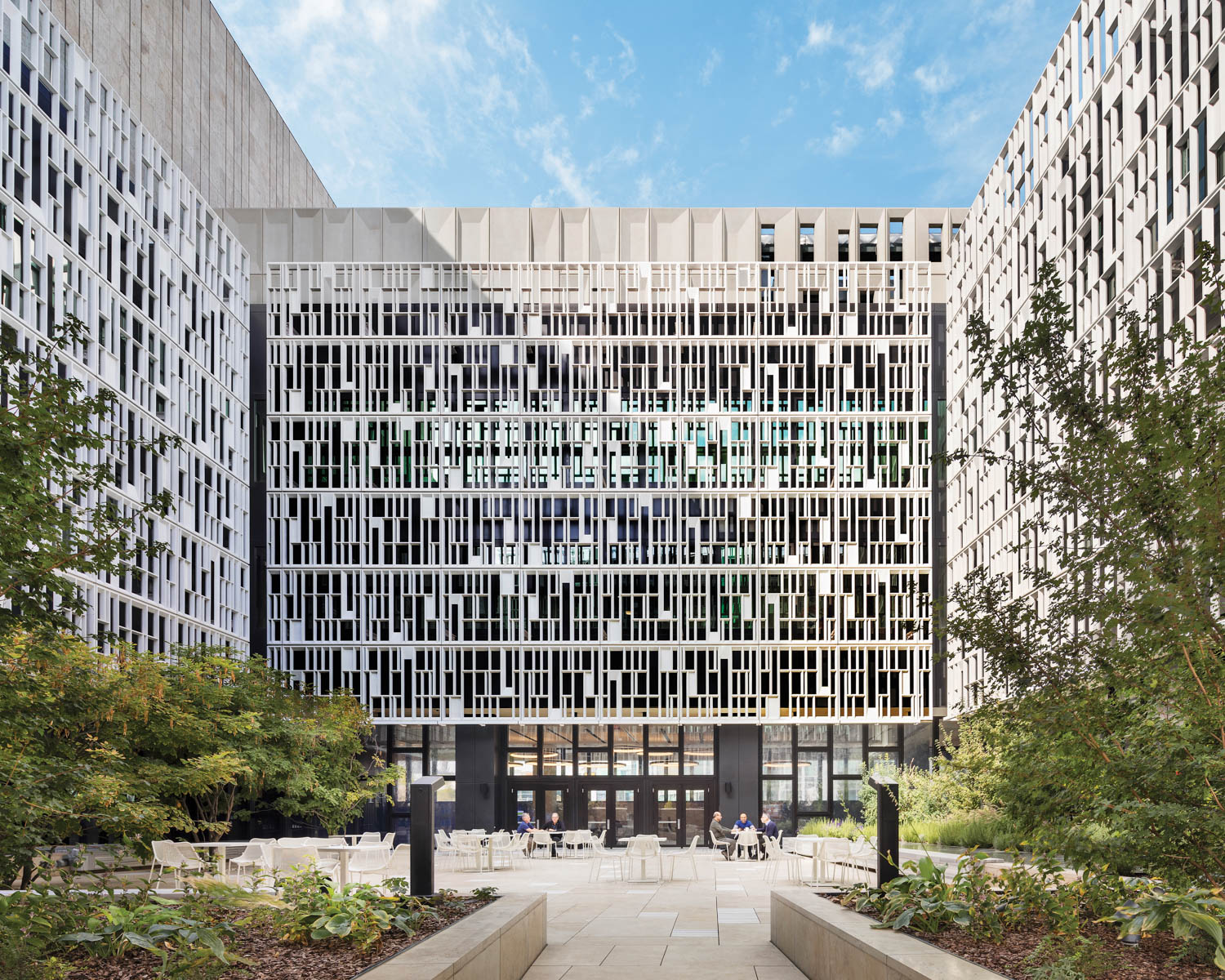 the embassy facade features a geometric pattern