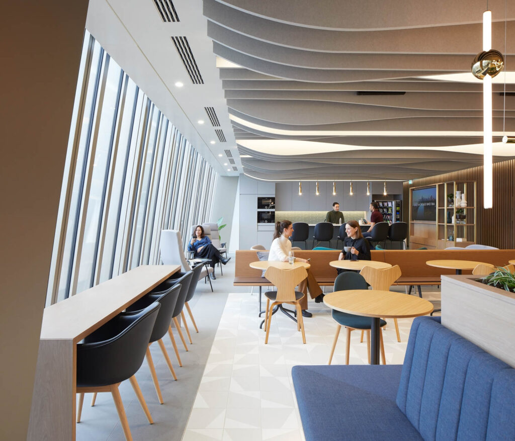 An office cafe with floor-to-ceiling windows