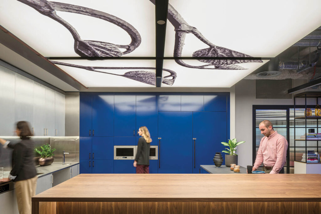 a cafe ceiling with a botanical design