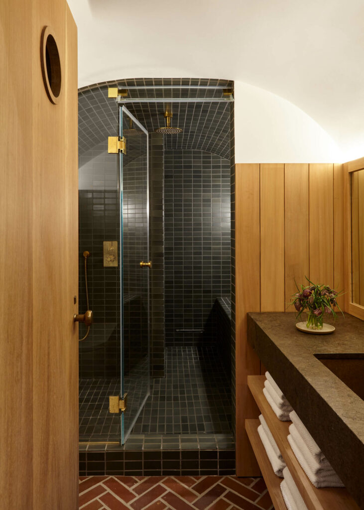 a black tile shower in a steam room/guest bathroom