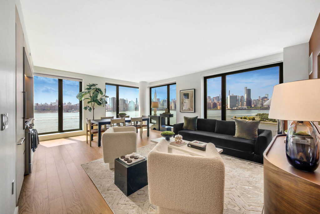 a living area inside Eagle + West, a residential complex in Greenpoint, Brooklyn