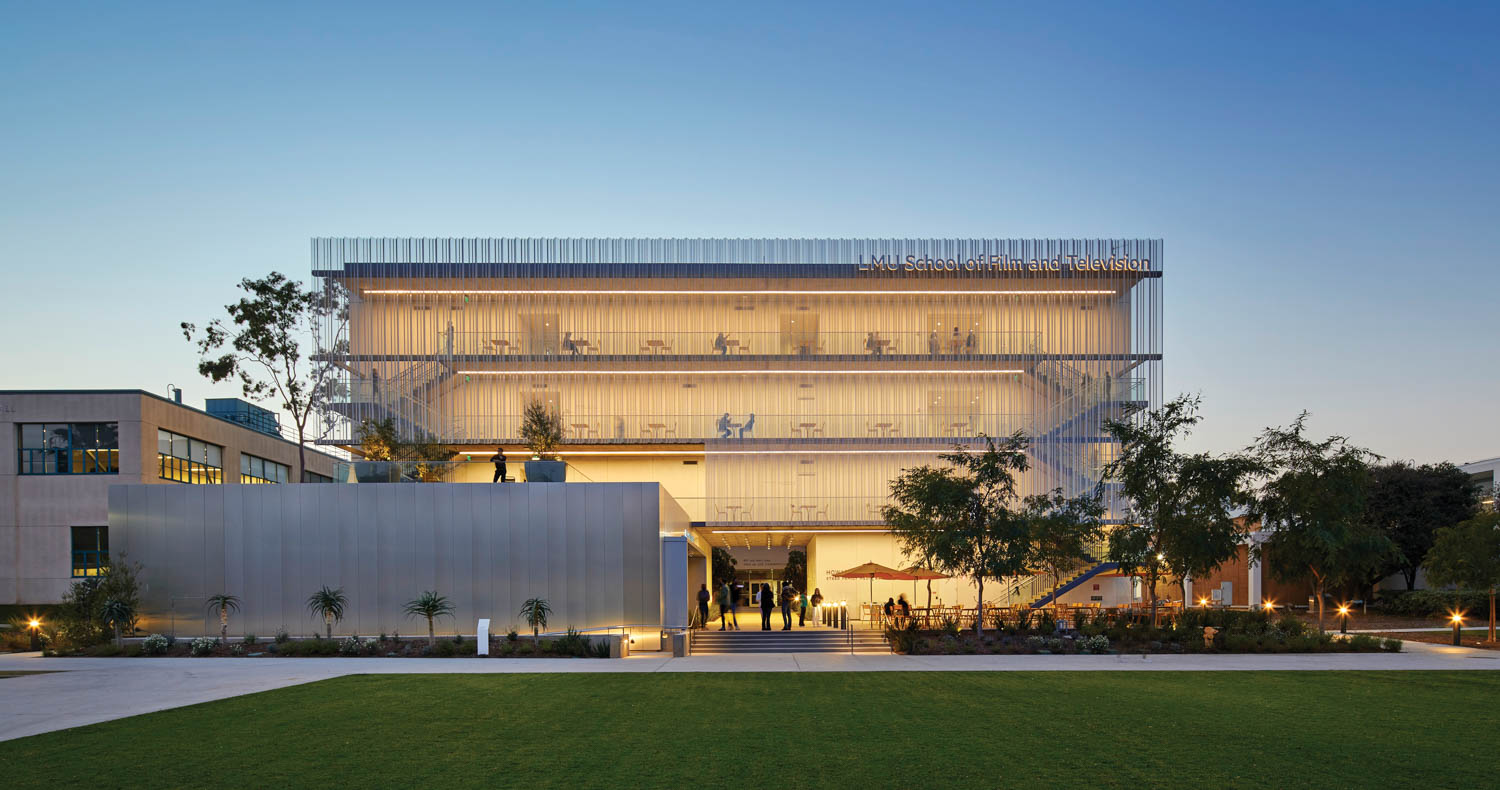 the SFTV undergrad building at a Los Angeles university glows at night