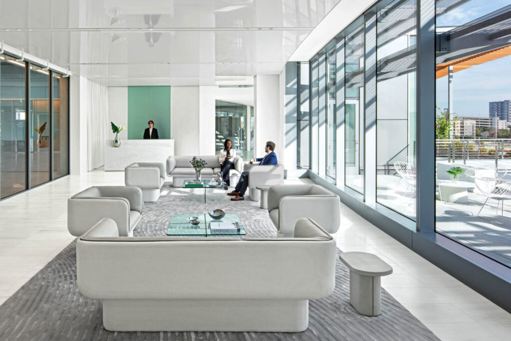 executive suite reception area swathed in all white