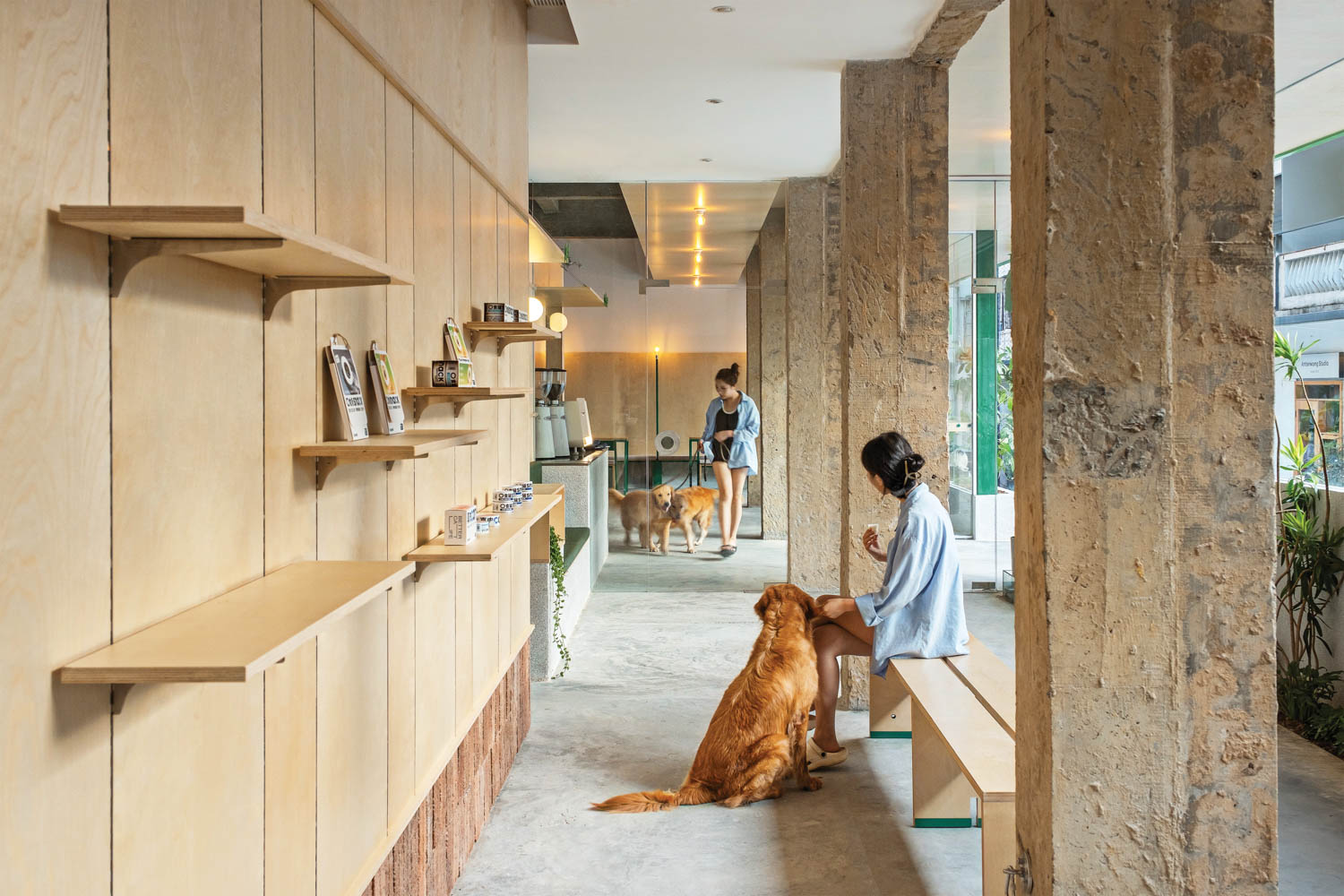 room with wooden paneled walls and woman with dog sitting on bench