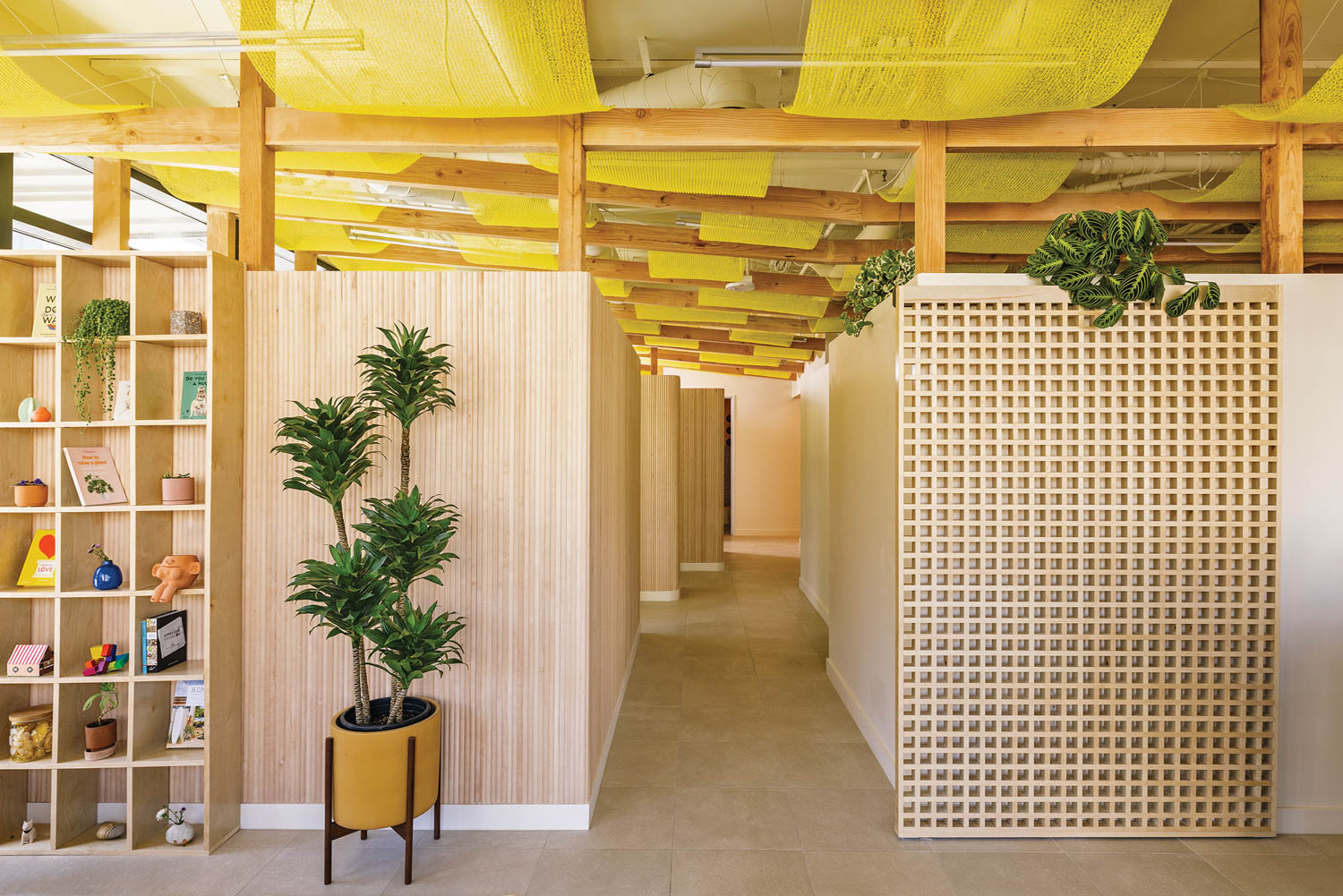 interior of a dental office with yellow ceilings and wooden paneled walls